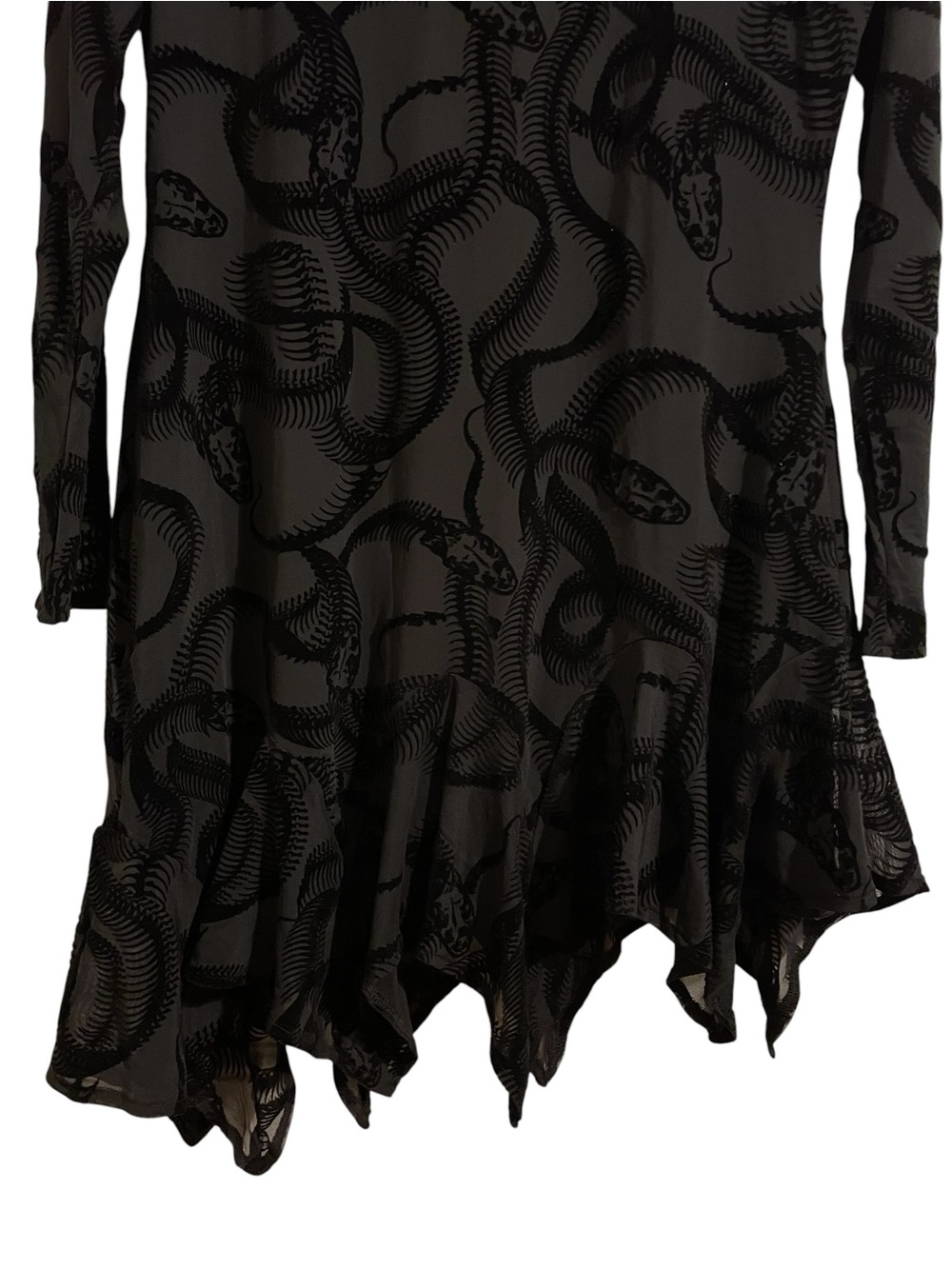 DISTURBIA Paleo Flocked Mesh Skeletal Snake Asymmetric Hanky Hem Mini Dress 14 - Picture 3 of 6